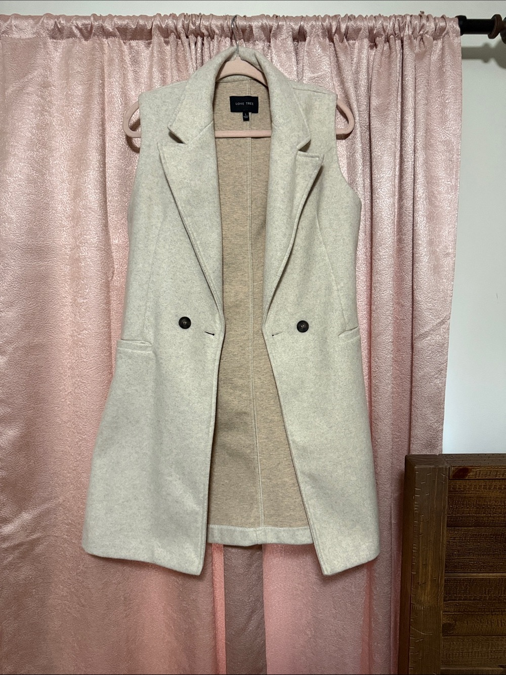 Love Tree Cream Sleeveless Wool-Blend Long Vest